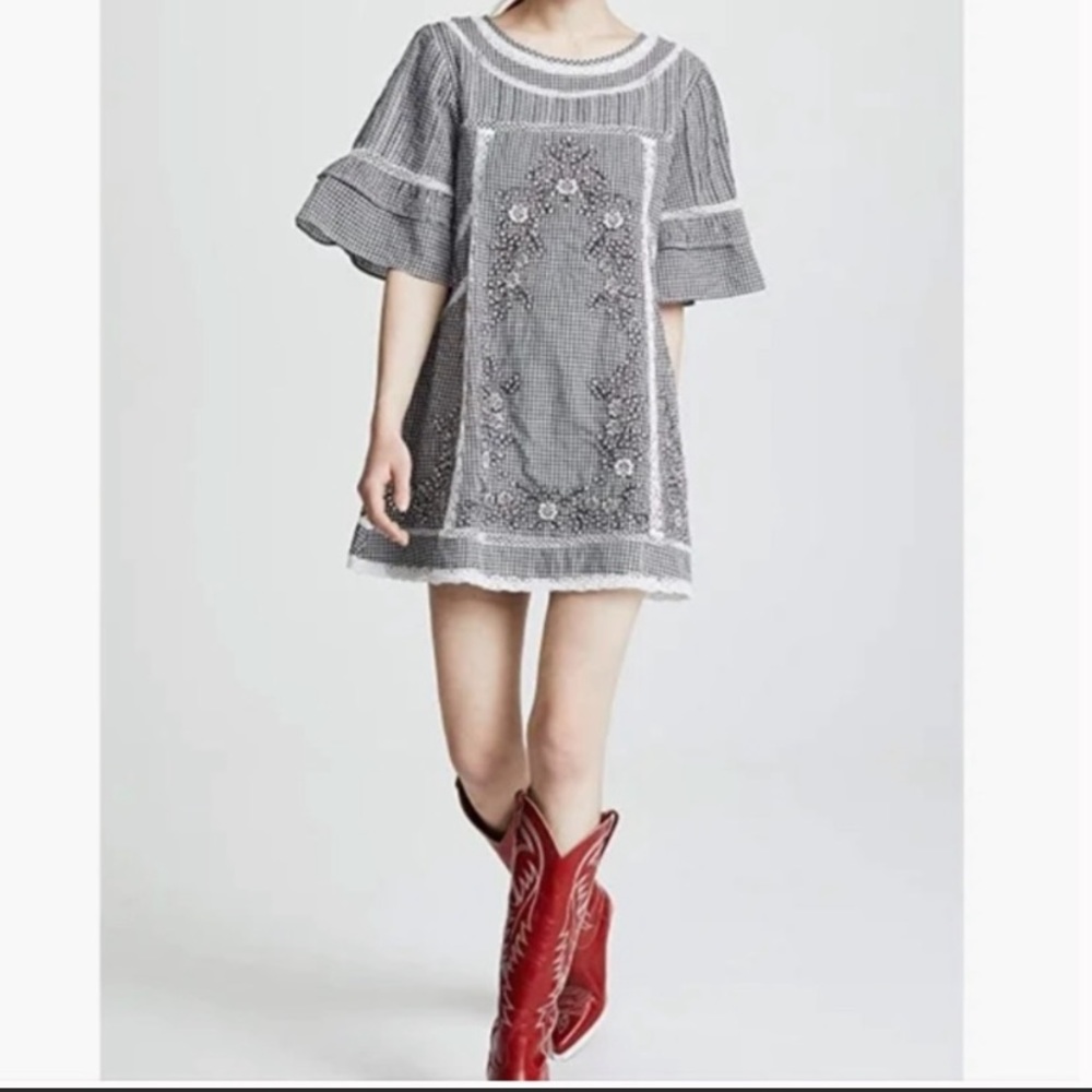 Free People Gingham Floral Embroidered Sunny Day Boho Prairie Mini Dress